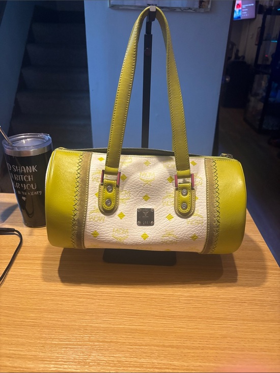 MCM Handbags - MCM limited edition suede stripes suede inside white and Lime Barrel Satchel
